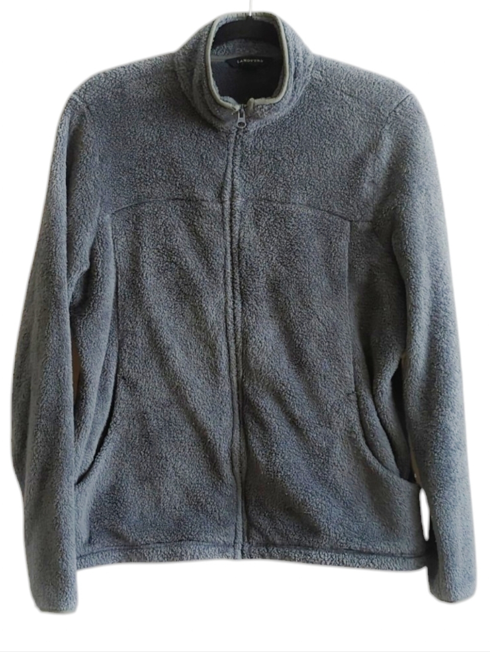 Lands' End Blue/Gray Soft Fluffy Pile Full Zip Jacket w  Pockets  Size L 14-16